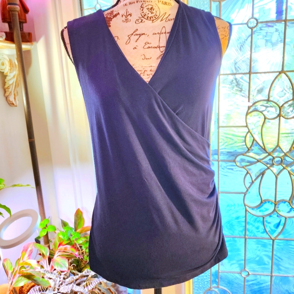 Talbots V neck sleeveless faux-wrap top S Dark Navy